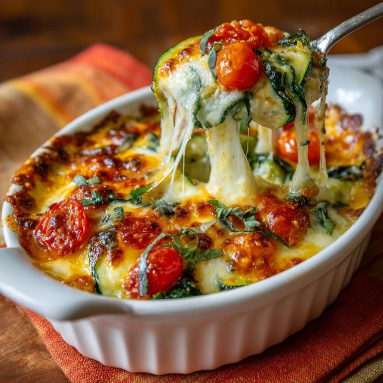 Cheesy zucchini tomato bake with a satisfying gooey cheese pull captured on a spoon.