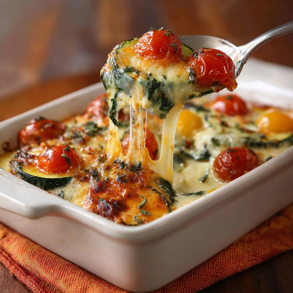 Cheesy zucchini tomato bake being lifted with a spoon, showcasing gooey melted cheese strings.