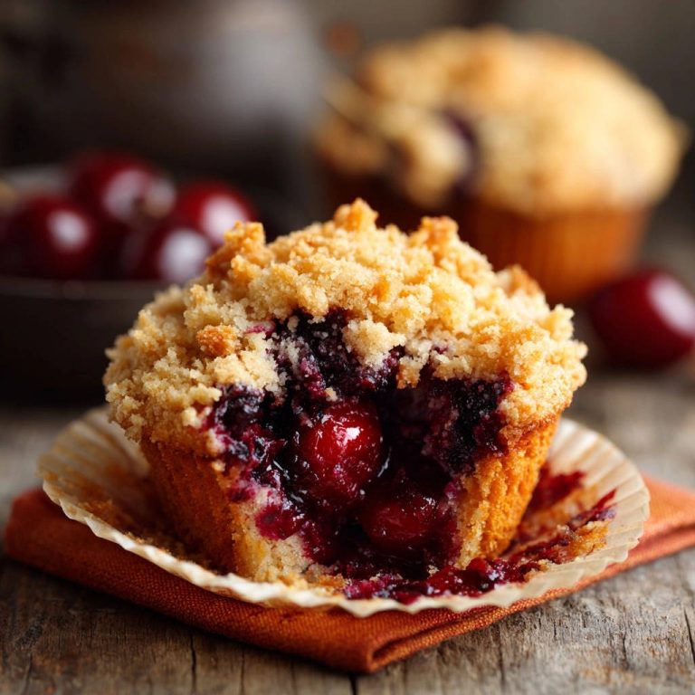 Juicy cherry crumble muffins shown in a close-up cross-section revealing a rich cherry filling.