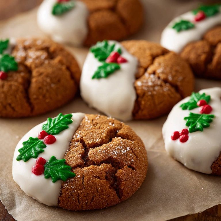 Chewy ginger spice cookies decorated with white icing and festive holly sprigs, showcasing their crinkled texture.