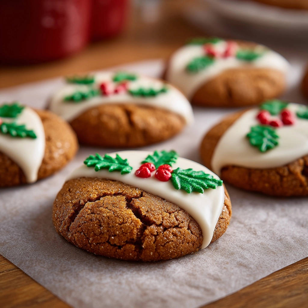 Chewy ginger spice cookies decorated with white icing, holly leaves, and red berries for a festive holiday touch.