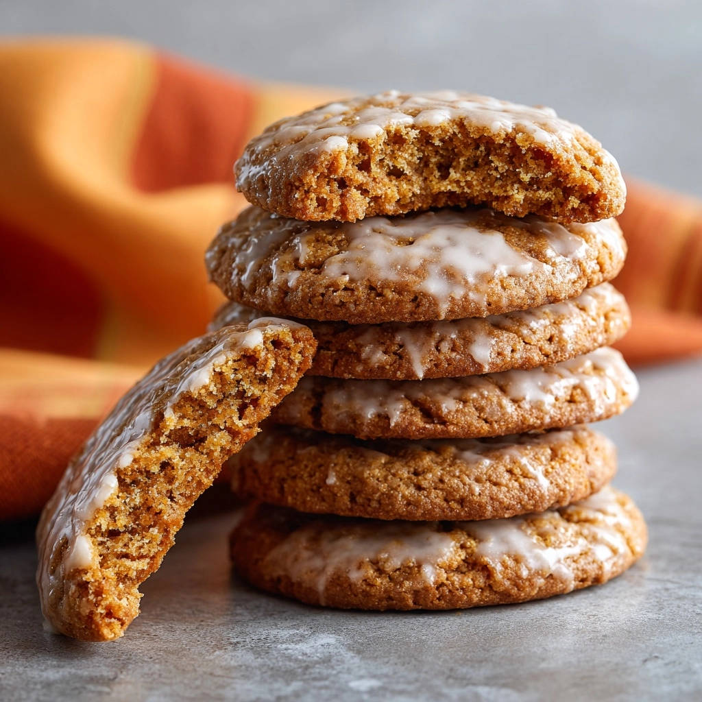 Chewy spiced molasses cookies with a visible cross-section showing the soft interior and drizzled white glaze.