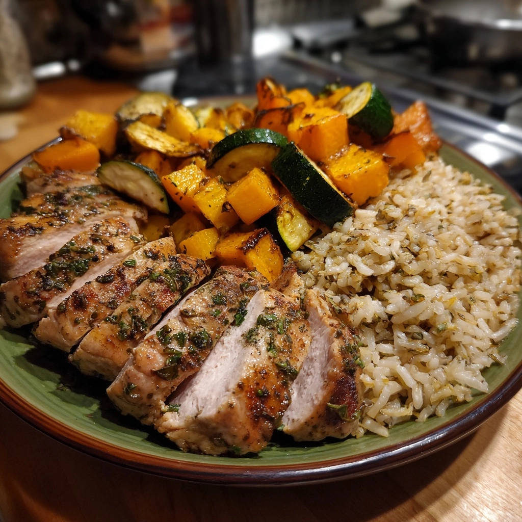 Perfectly cooked chicken breast sliced and served with brown rice and roasted vegetables on a green plate.