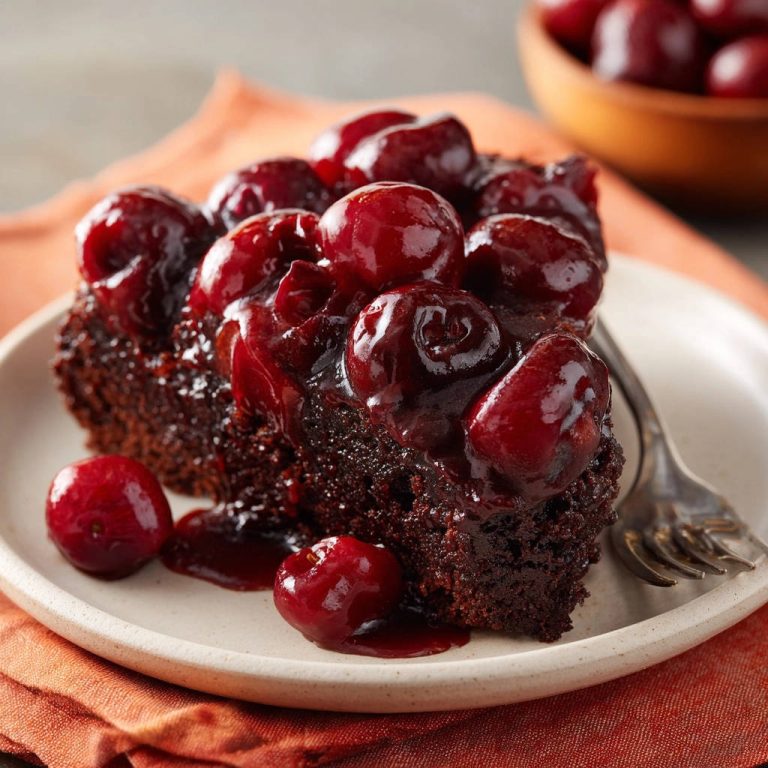 Decadent Chocolate Cherry Dream Cake, a single slice generously topped with glistening cherries and rich sauce.