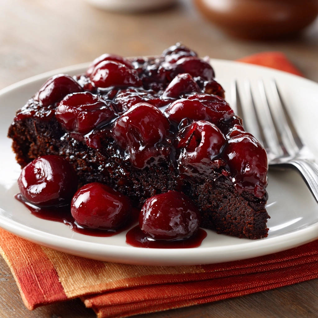 Decadent Chocolate Cherry Dream Cake, a slice served on a plate with a fork and topped with glossy cherries.