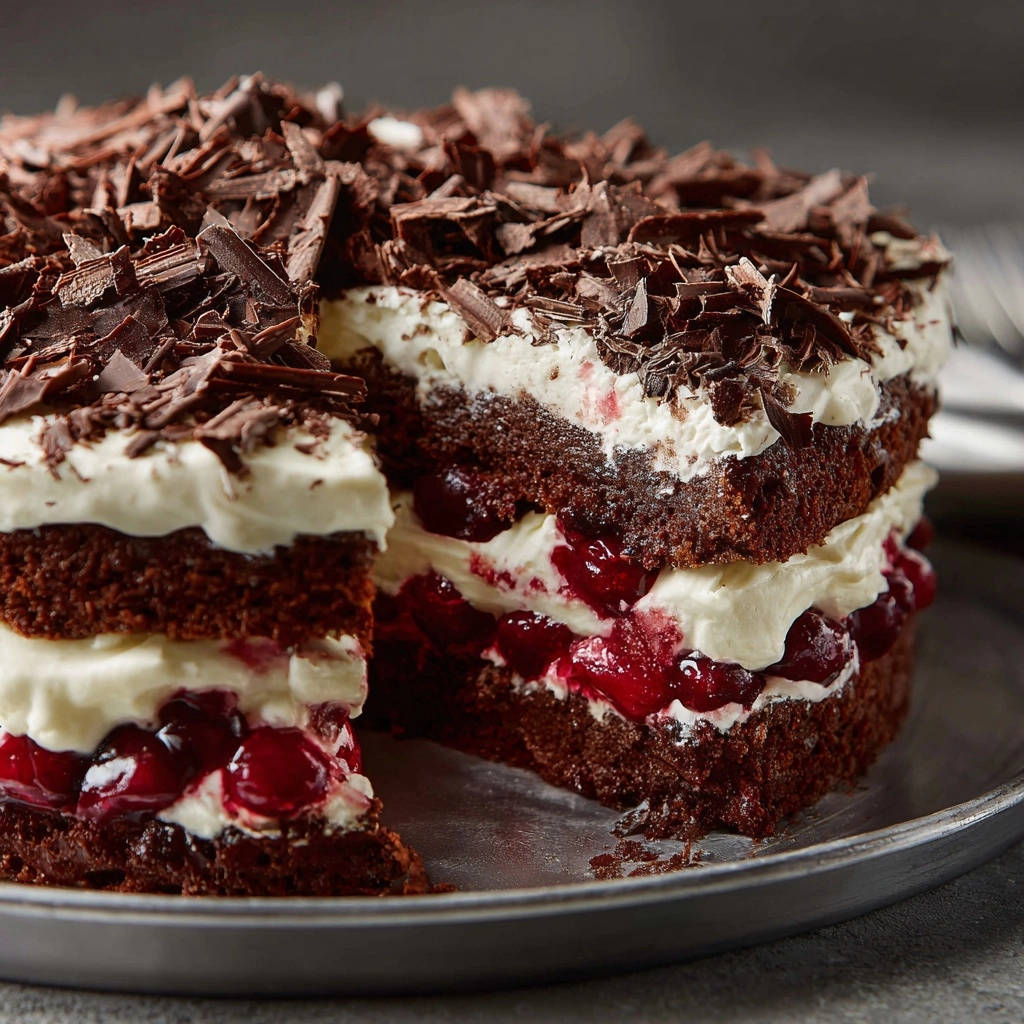 Decadent chocolate cherry layer cake cross-section showing fluffy chocolate cake layers and whipped cream with cherries.