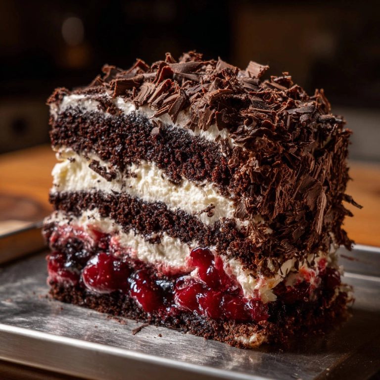 Decadent chocolate cherry layer cake cross-section showing fluffy layers and rich cherry filling.