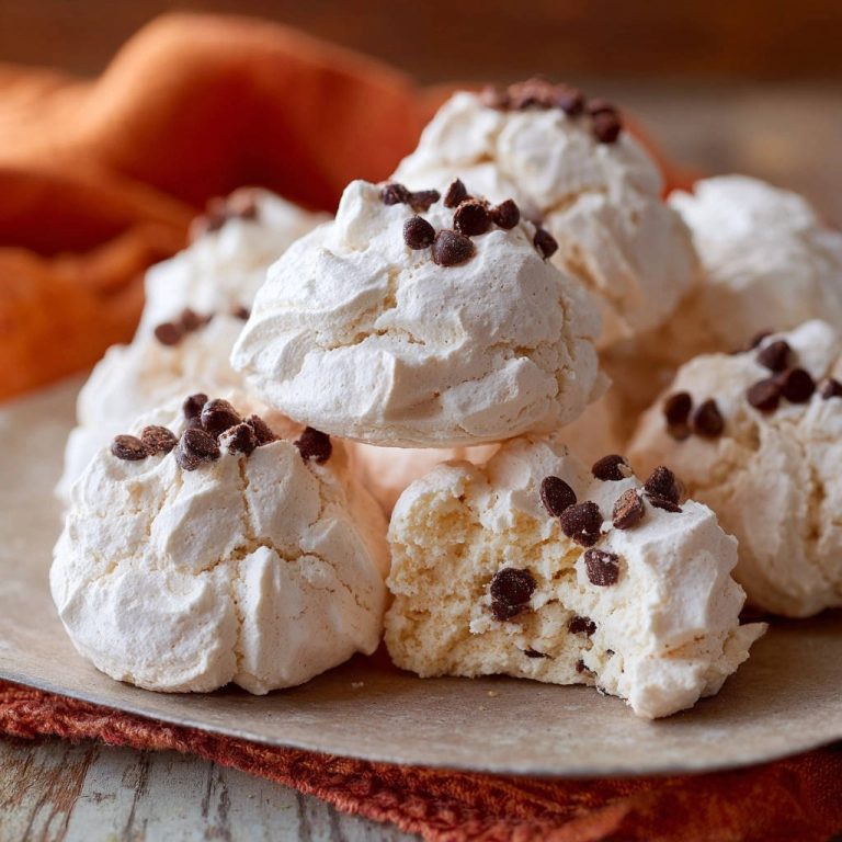 Heavenly chocolate chip cloud cookies, with one cookie broken open to show its airy interior texture.
