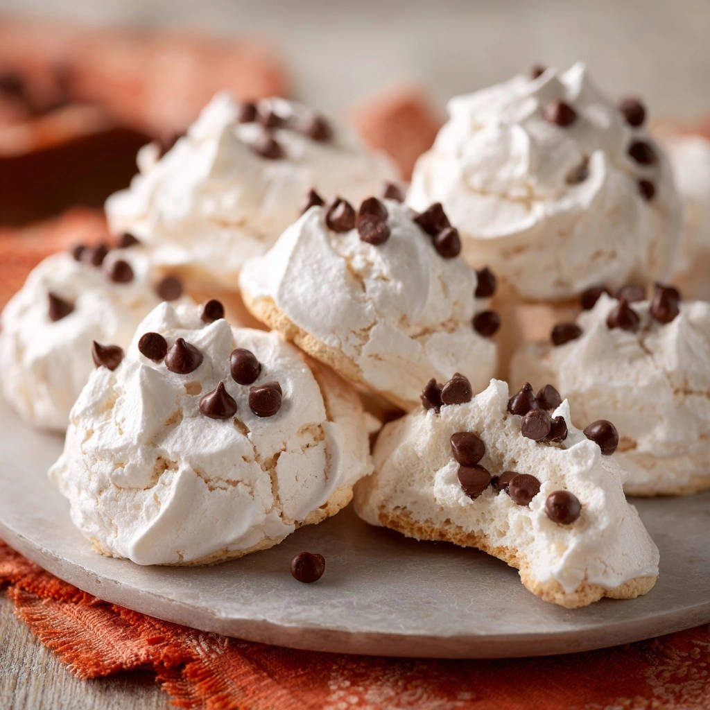 Heavenly chocolate chip cloud cookies are shown in a close-up detail shot, highlighting their airy texture and chocolate chip topping.