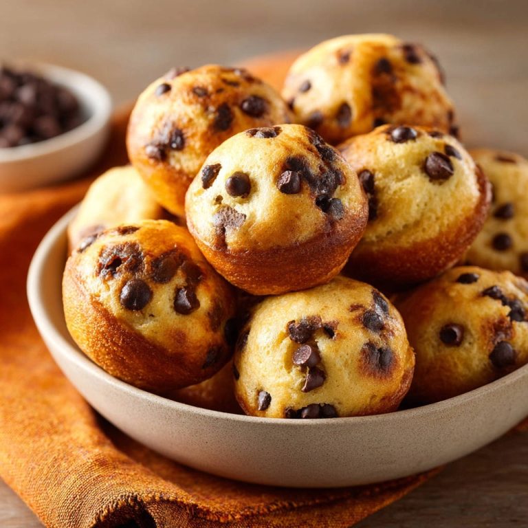 Chocolate chip mini muffins piled high in a bowl, showcasing their golden-brown tops dotted with chocolate chips.