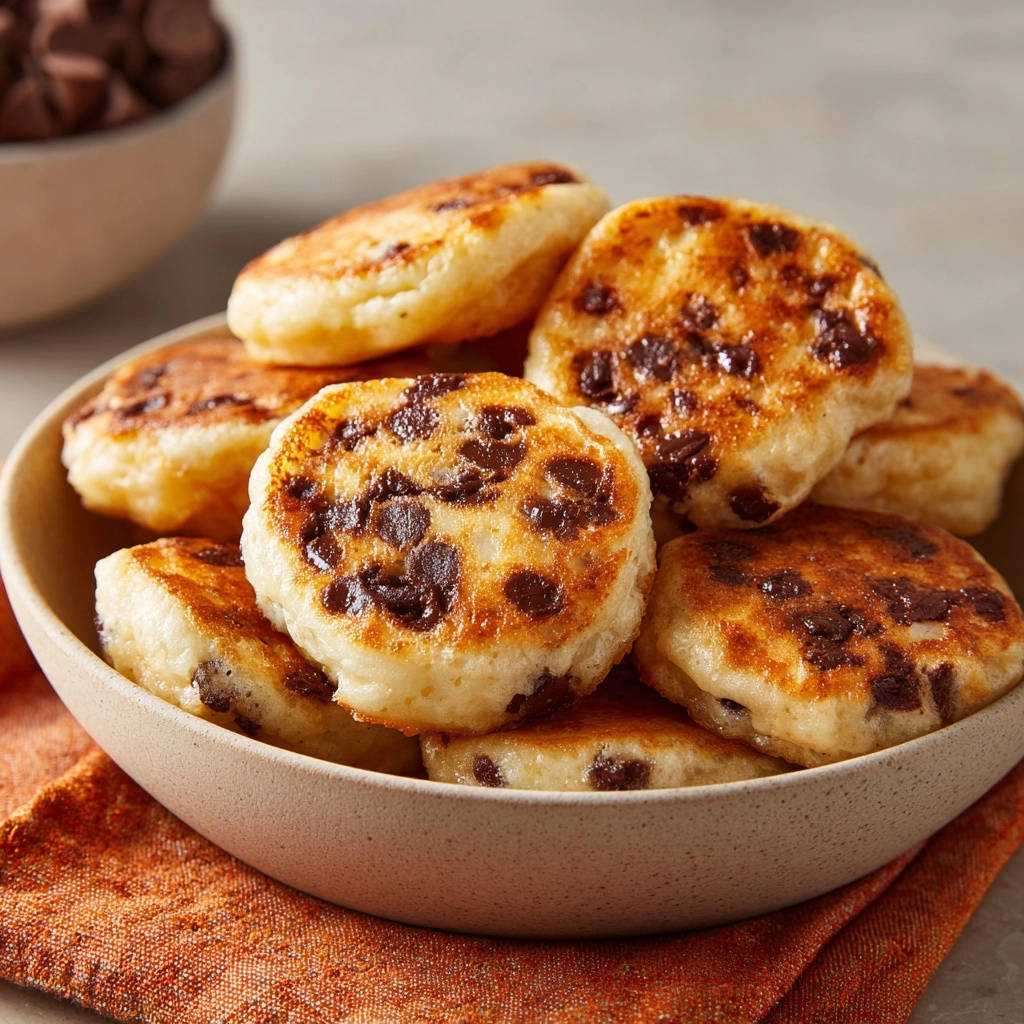 Chocolate chip mini muffins are piled high in a bowl, showcasing their golden-brown tops and dark chocolate chips.
