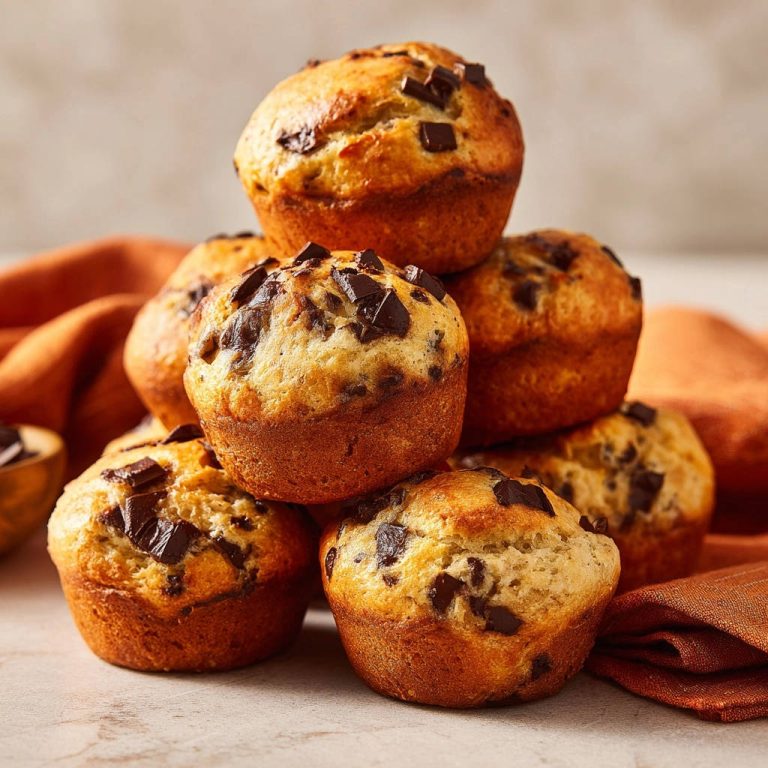 Chocolate chip muffins stacked in a pyramid, showcasing their fluffy domed tops and generous chocolate chunks.