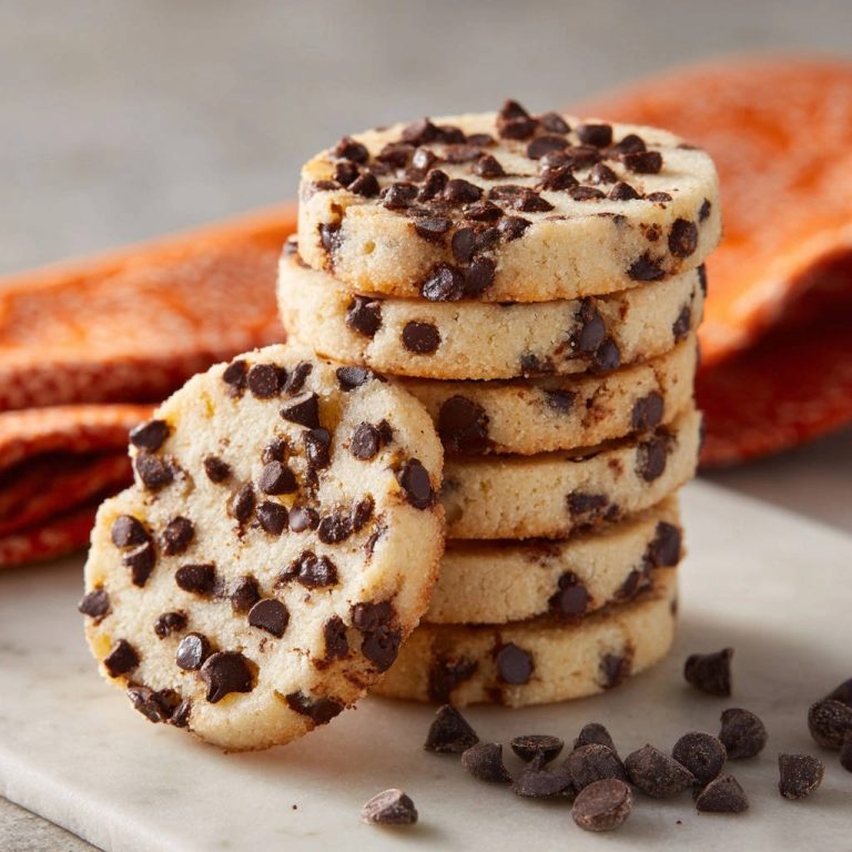 Classic chocolate chip shortbread rounds stacked high with a single cookie in front, showcasing their texture.
