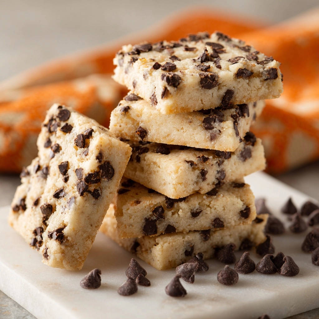 Classic Chocolate Chip Shortbread Rounds stacked and detailed, with a close-up view of their texture and chocolate chips.