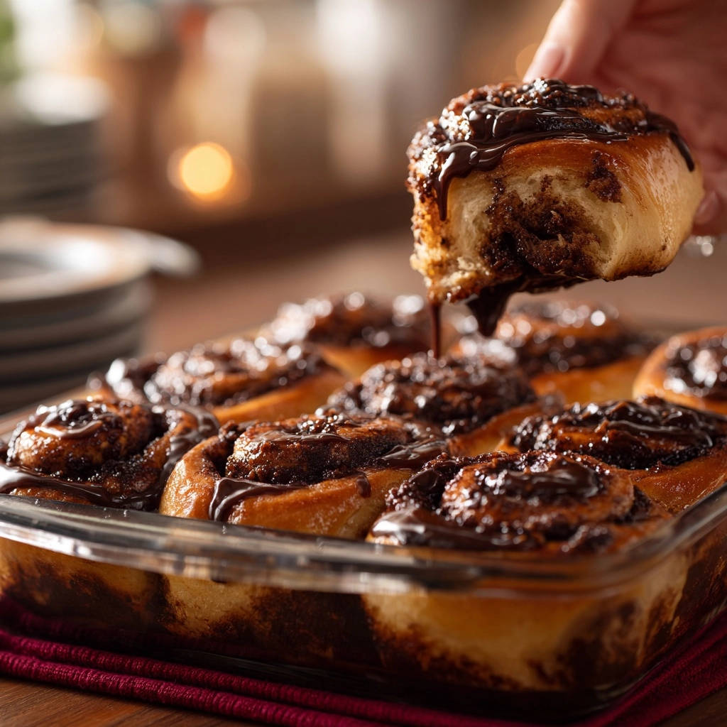 Ultra-gooey chocolate cinnamon rolls with a rich chocolate glaze dripping from a lifted roll.