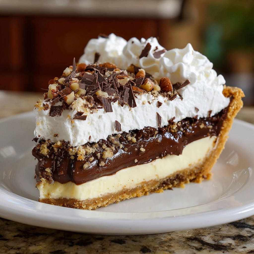 Decadent Layered Chocolate Dream Pie shown as a plated cross-section with whipped cream and chocolate shavings.