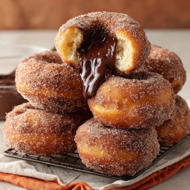 Chocolate-filled doughnuts showing a gooey chocolate interior with a cinnamon-sugar coating.