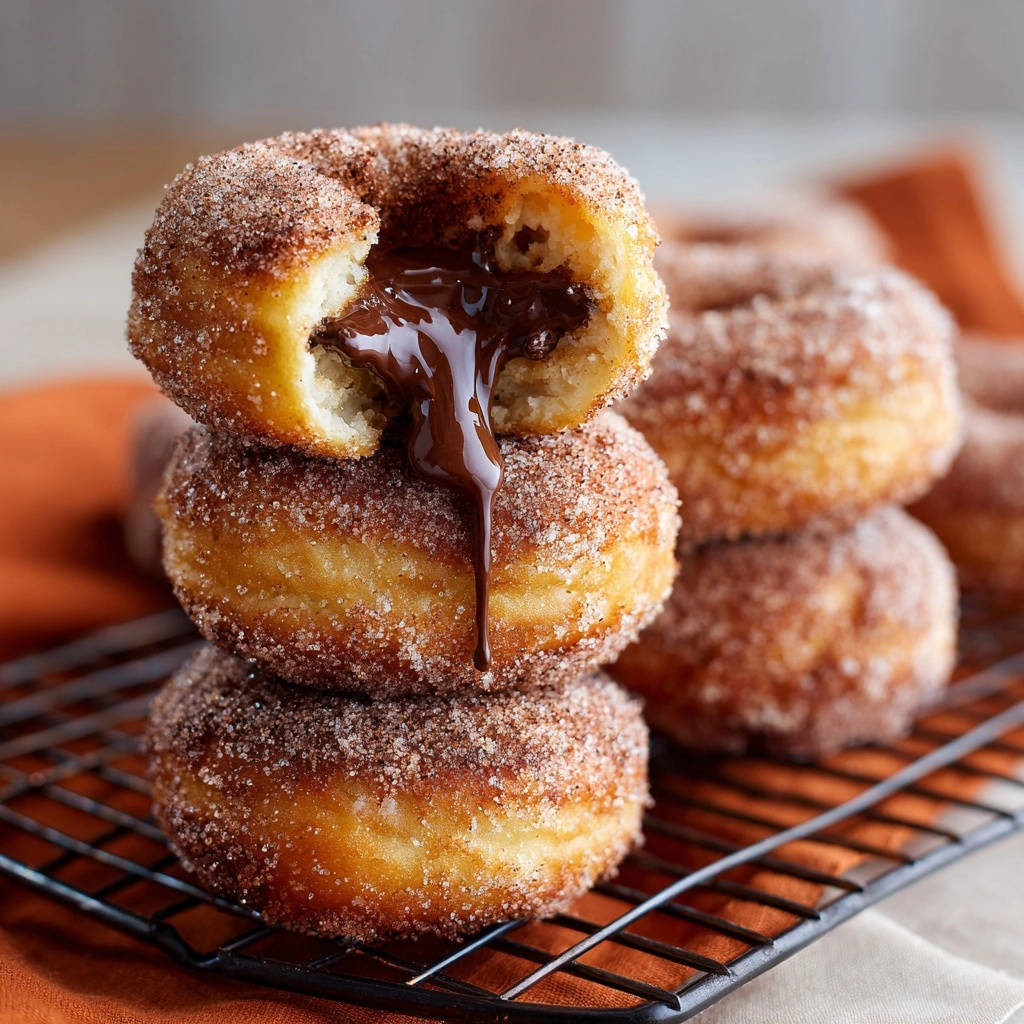 Chocolate-filled doughnuts, a close-up cross-section reveals rich, melted chocolate oozing from a fluffy doughnut dusted with cinnamon sugar.