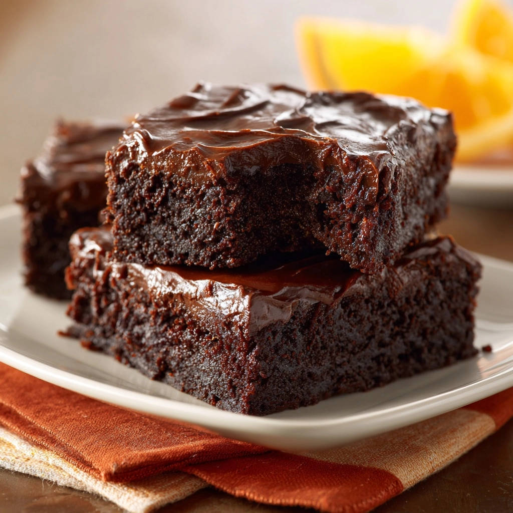 Easy Chocolate Fudge Cake with a bite taken out of the top slice, showing its rich, moist texture.