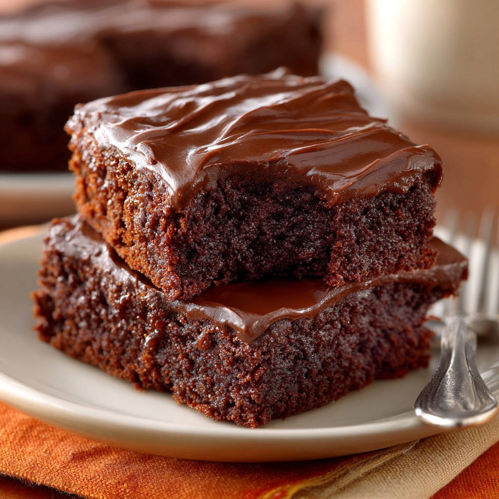 Easy Chocolate Fudge Cake showing two stacked moist slices with rich chocolate frosting on a plate
