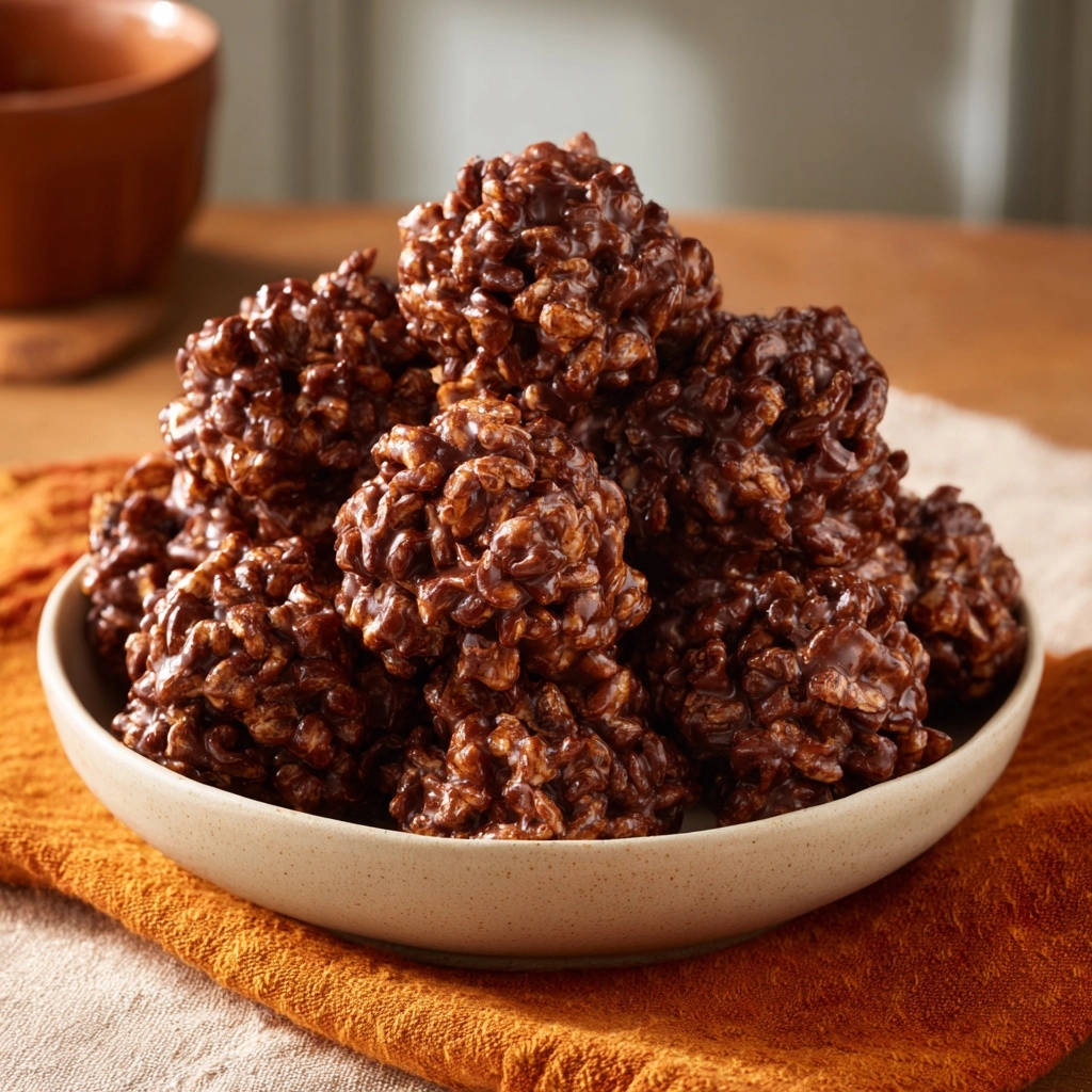 Classic Chocolate No-Bake Cookies shown in a close-up view within a bowl, showcasing their textured chocolate coating.