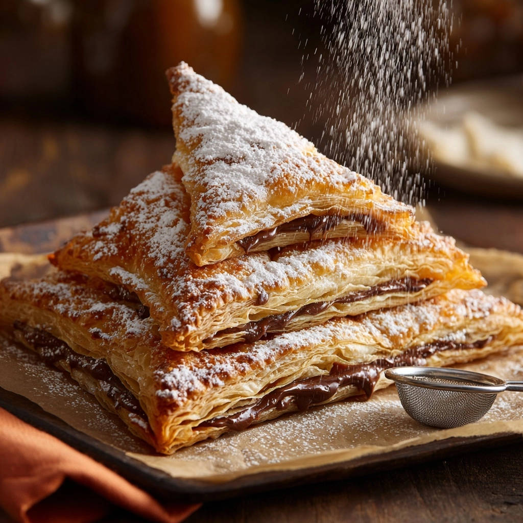 Chocolate puff pastry triangles dusted with powdered sugar, stacked and ready to be enjoyed.