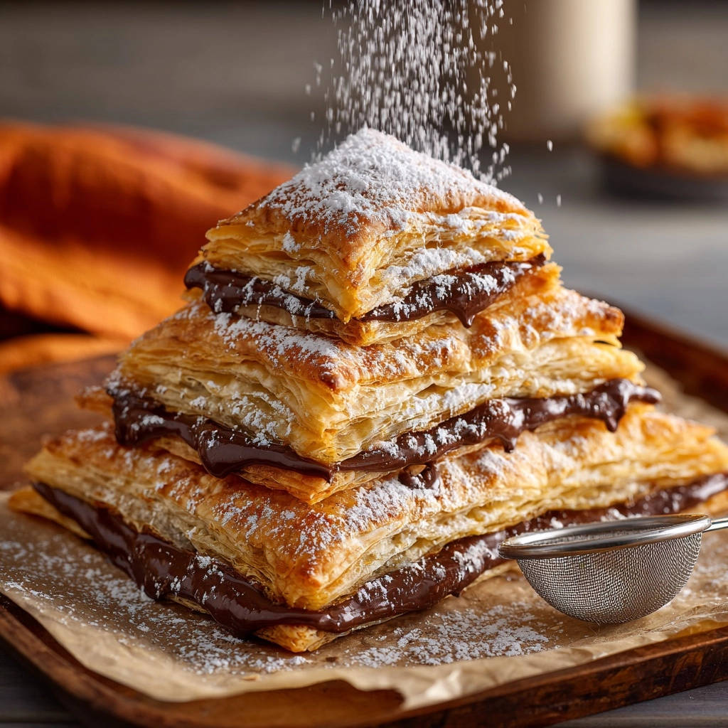 Chocolate puff pastry triangles stacked high and dusted with powdered sugar, showing a delicate flaky texture.