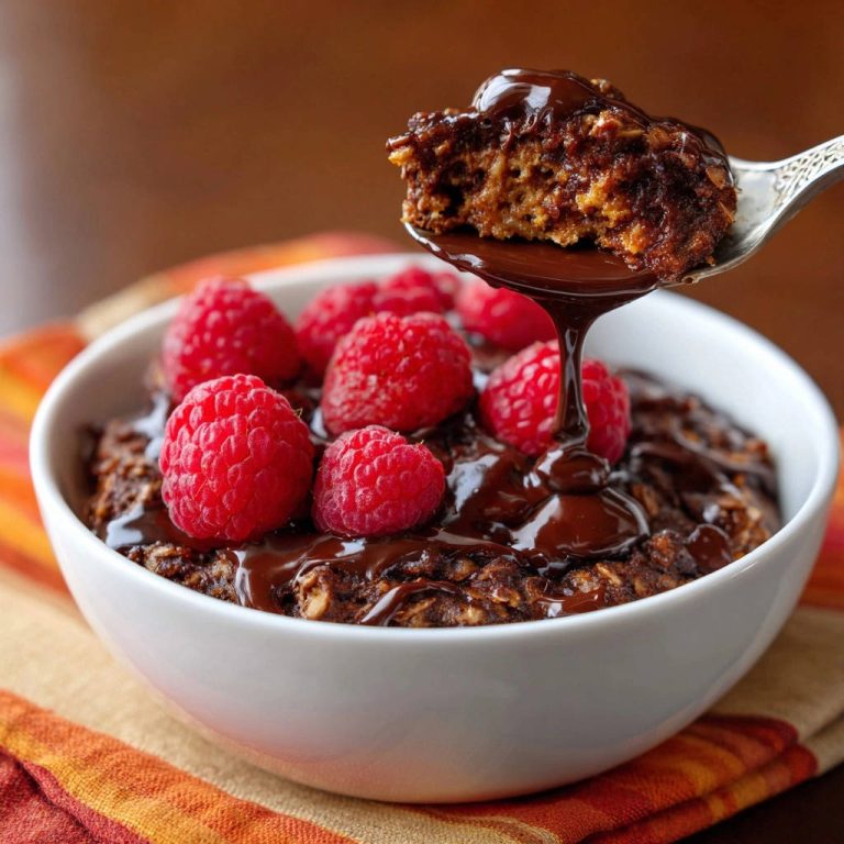 Chocolate raspberry baked oats with a spoonful of the dish drizzled with chocolate sauce.