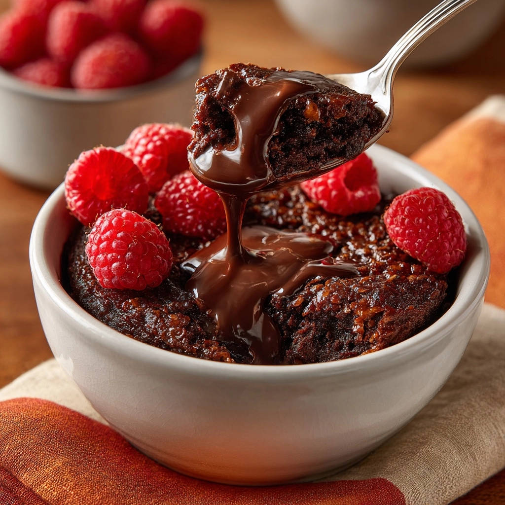 Chocolate raspberry baked oats with a spoonful of cake being drizzled with rich chocolate sauce.