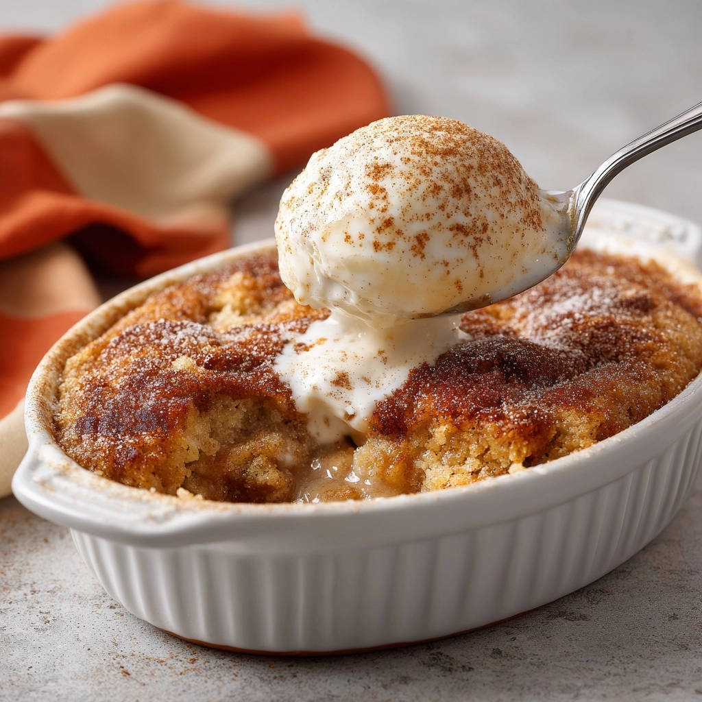 Warm cinnamon sugar bake with a scoop of ice cream being lifted out on a spoon.