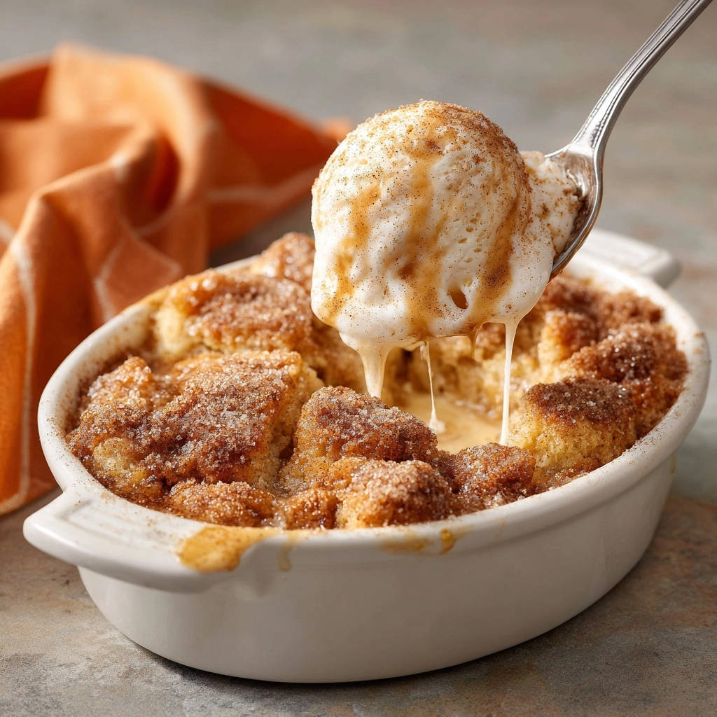 Warm cinnamon sugar bake with a spoonful of melting ice cream being lifted, showing gooey caramel.