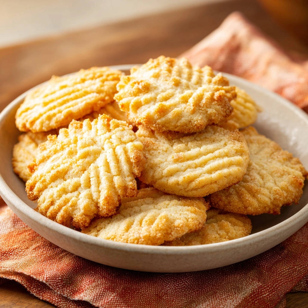 Classic butter cookies are stacked in a bowl, showcasing their intricate ridged texture and golden-brown edges.