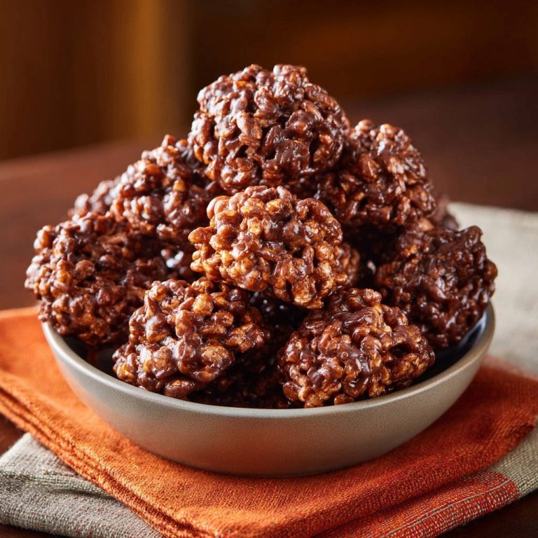 Classic chocolate no-bake cookies piled high in a bowl, showcasing their textured, fudgy appearance.