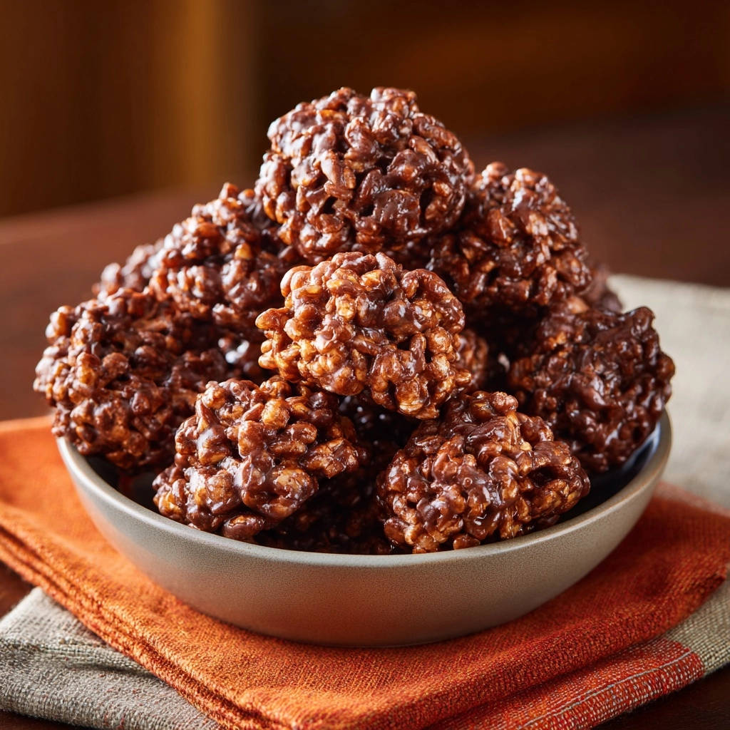 Classic chocolate no-bake cookies piled high in a bowl, showcasing their textured, fudgy appearance.