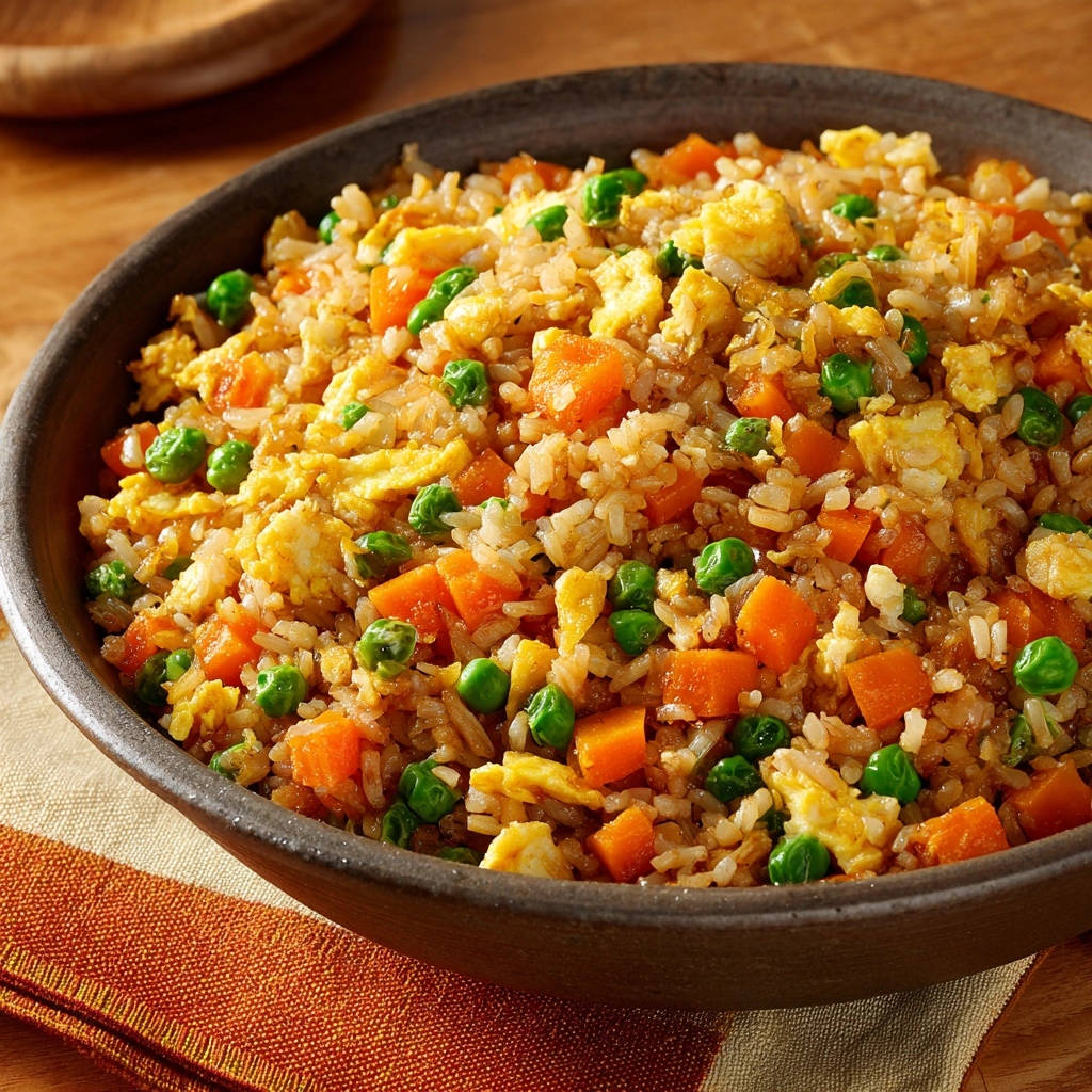 Classic fried rice with peas and carrots in a rustic bowl, showing a close-up view of the fluffy grains.