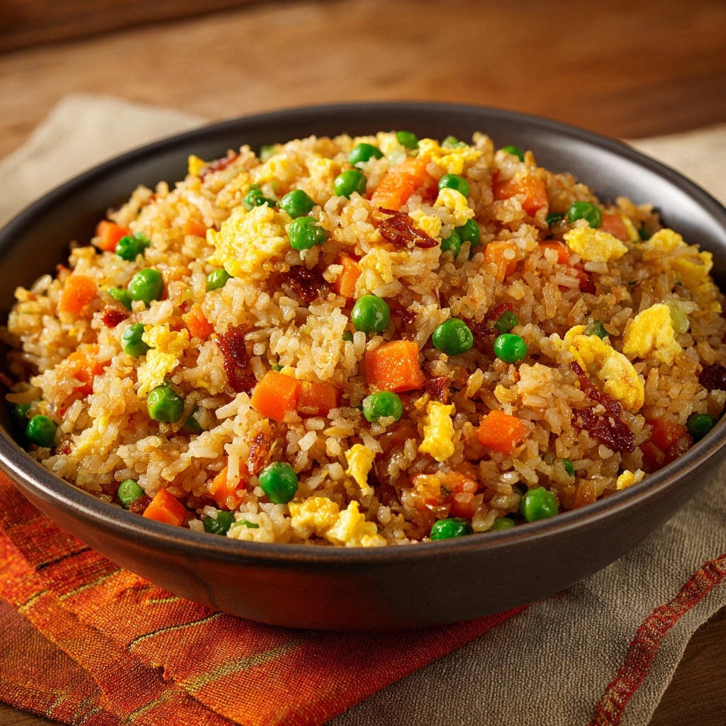Classic fried rice with peas, carrots, and scrambled egg served in a dark bowl, viewed from above.