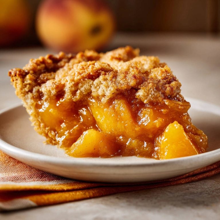 Classic peach crumble pie slice showing a thick, glistening filling and a textured crumb topping on a plate.