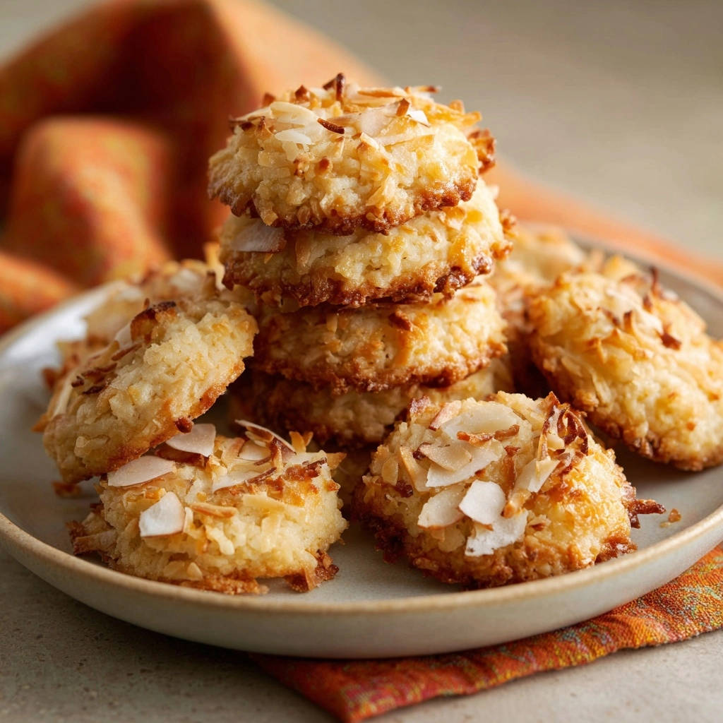 Coconut macaroons are stacked on a plate, showcasing their golden-brown toasted coconut topping and chewy texture.