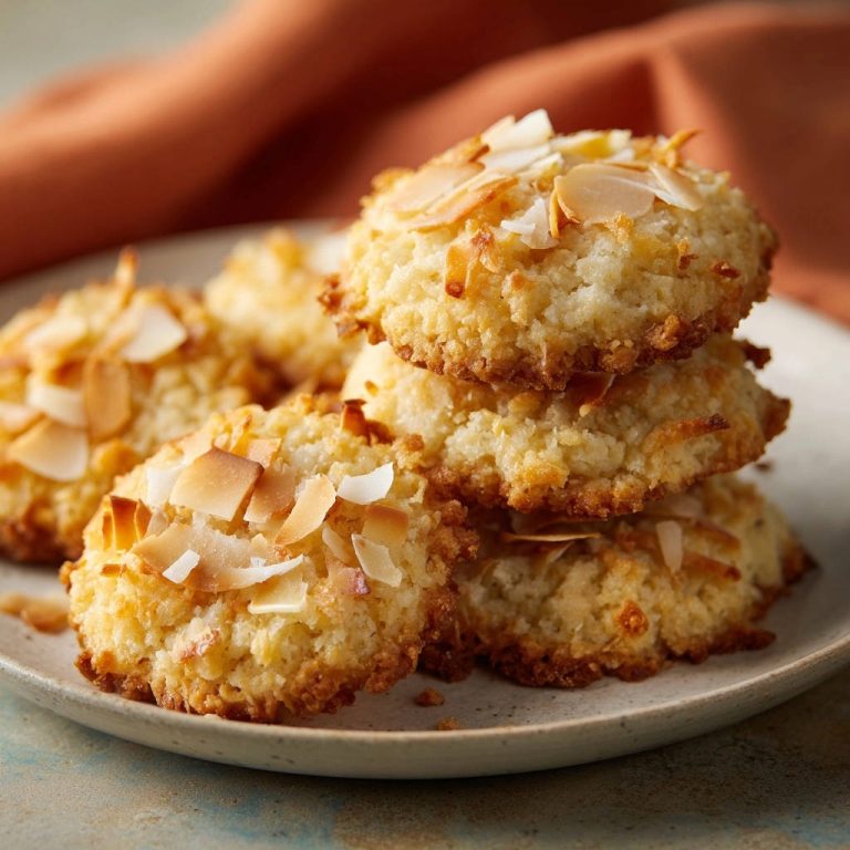 Coconut macaroons stacked on a plate, topped with toasted coconut flakes and sliced almonds.
