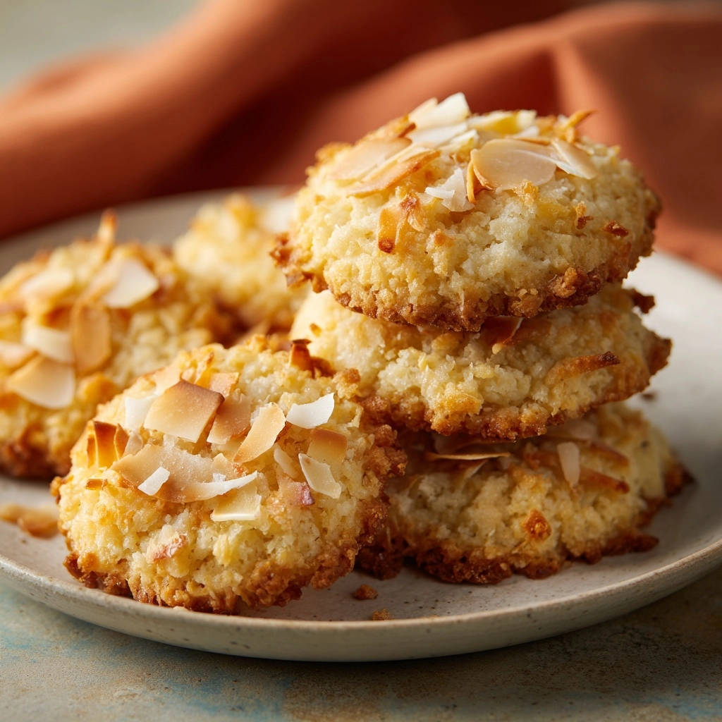 Coconut macaroons stacked on a plate, topped with toasted coconut flakes and sliced almonds.