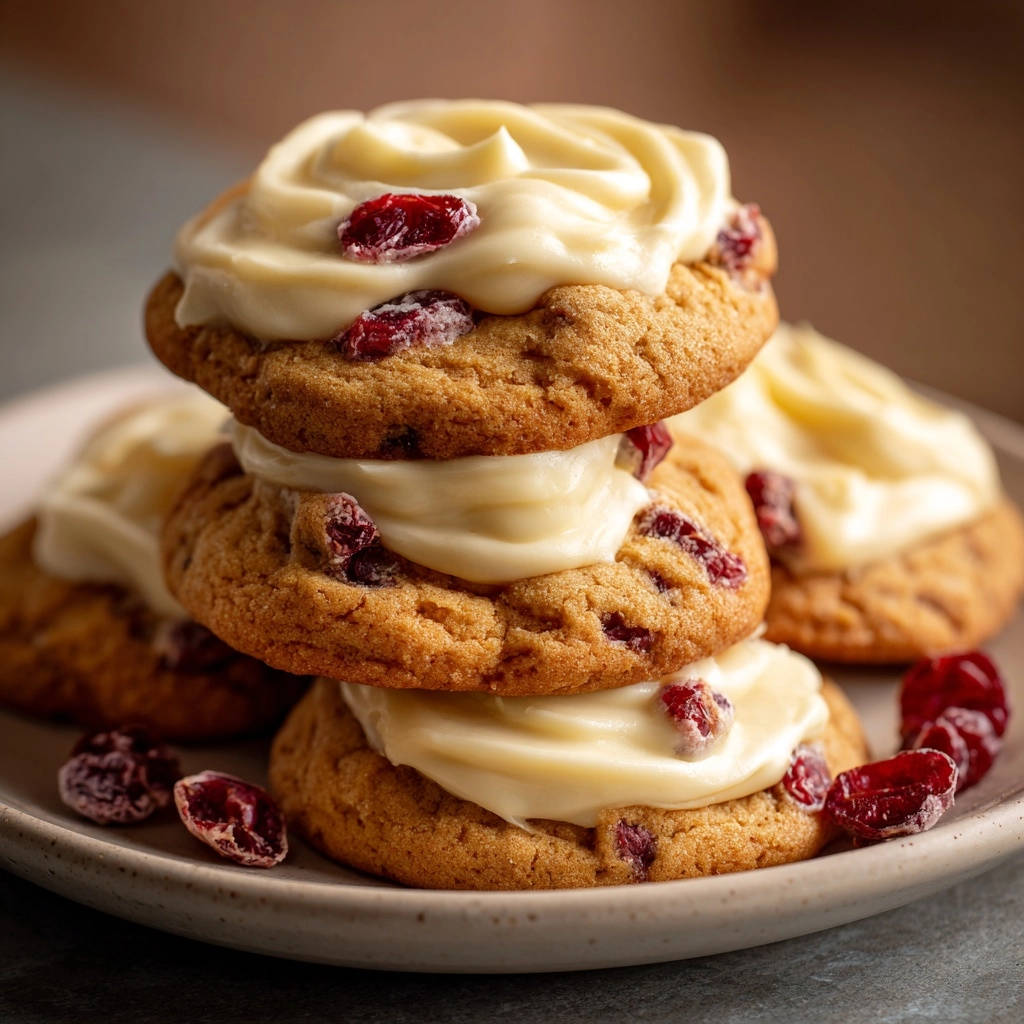 Cranberry cream cheese cookies stacked high with a creamy frosting and visible dried cranberries, presented in a close-up view.