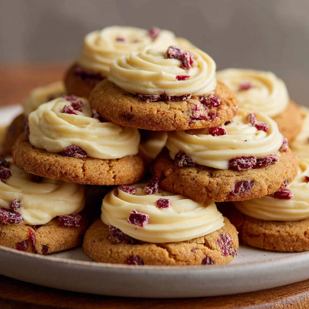 Cranberry cream cheese cookies stacked high, showcasing the piped frosting and dried cranberries.