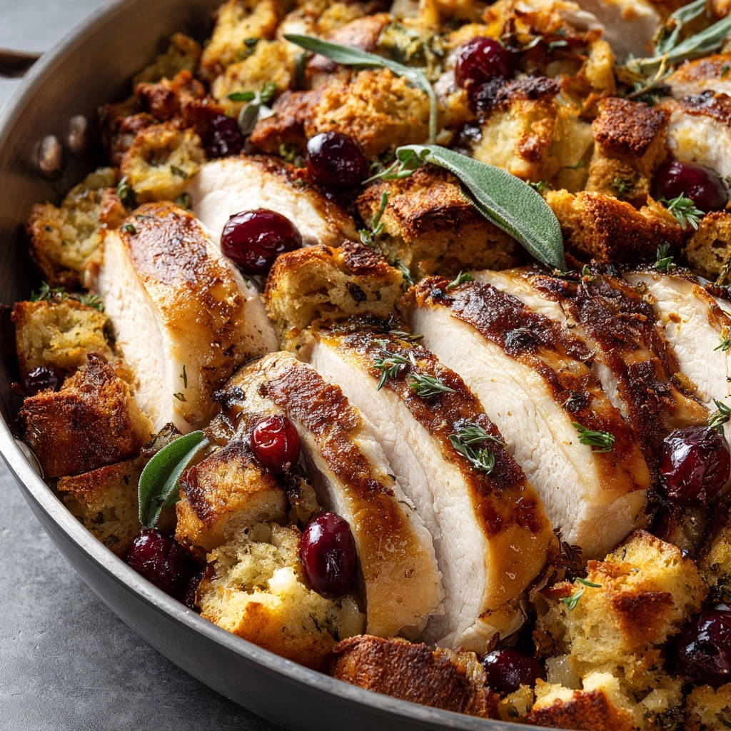 Cranberry herb roasted turkey breast, sliced and served with stuffing, cranberries, and sage in a close-up view.