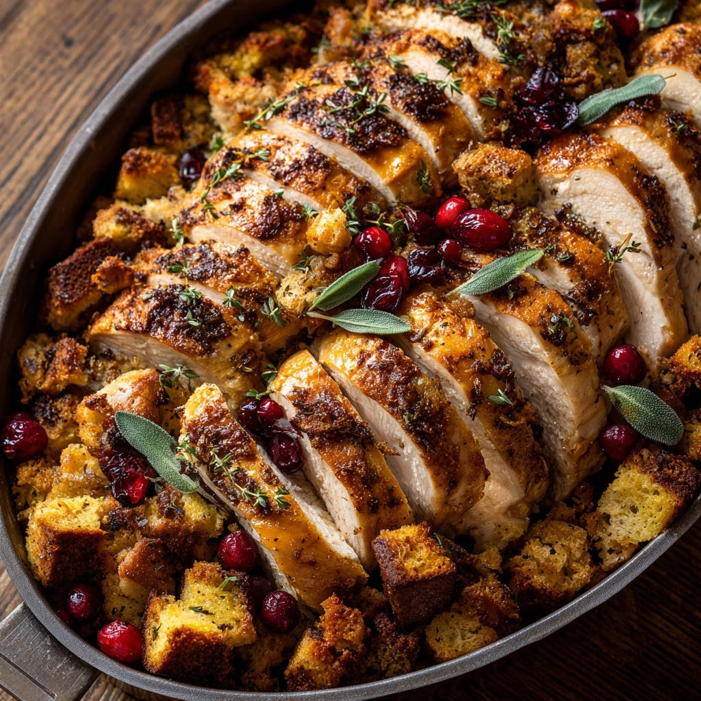 Cranberry herb roasted turkey breast sliced and served with stuffing, cranberries, and sage leaves.