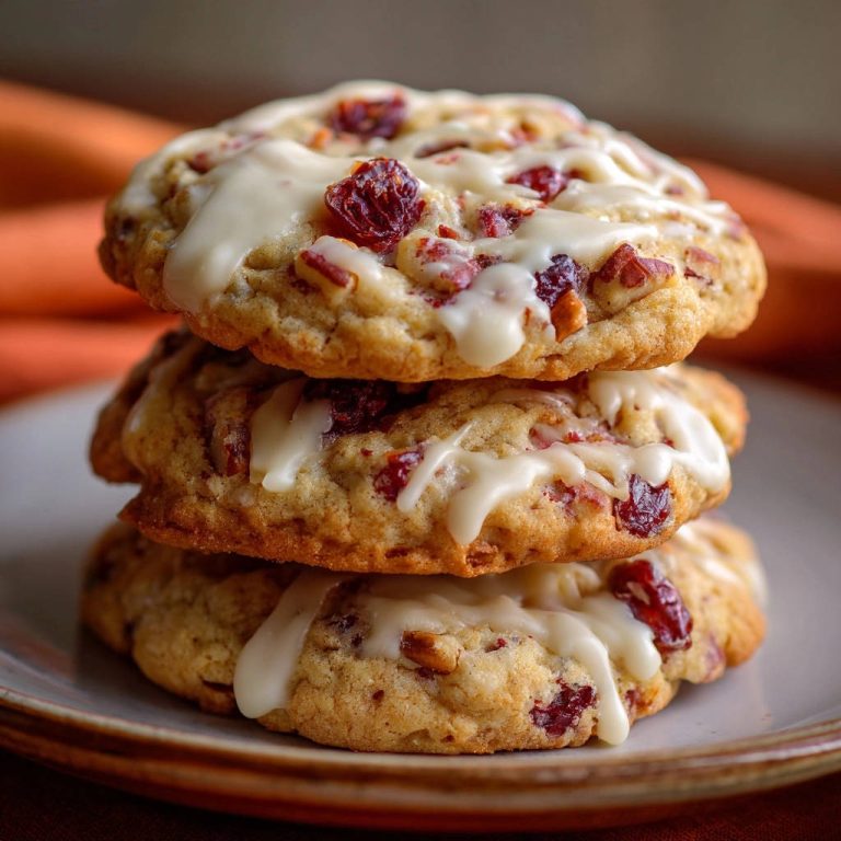 Cranberry nut cookies, a stack of three soft and chewy cookies drizzled with white icing, shown in a close-up view.