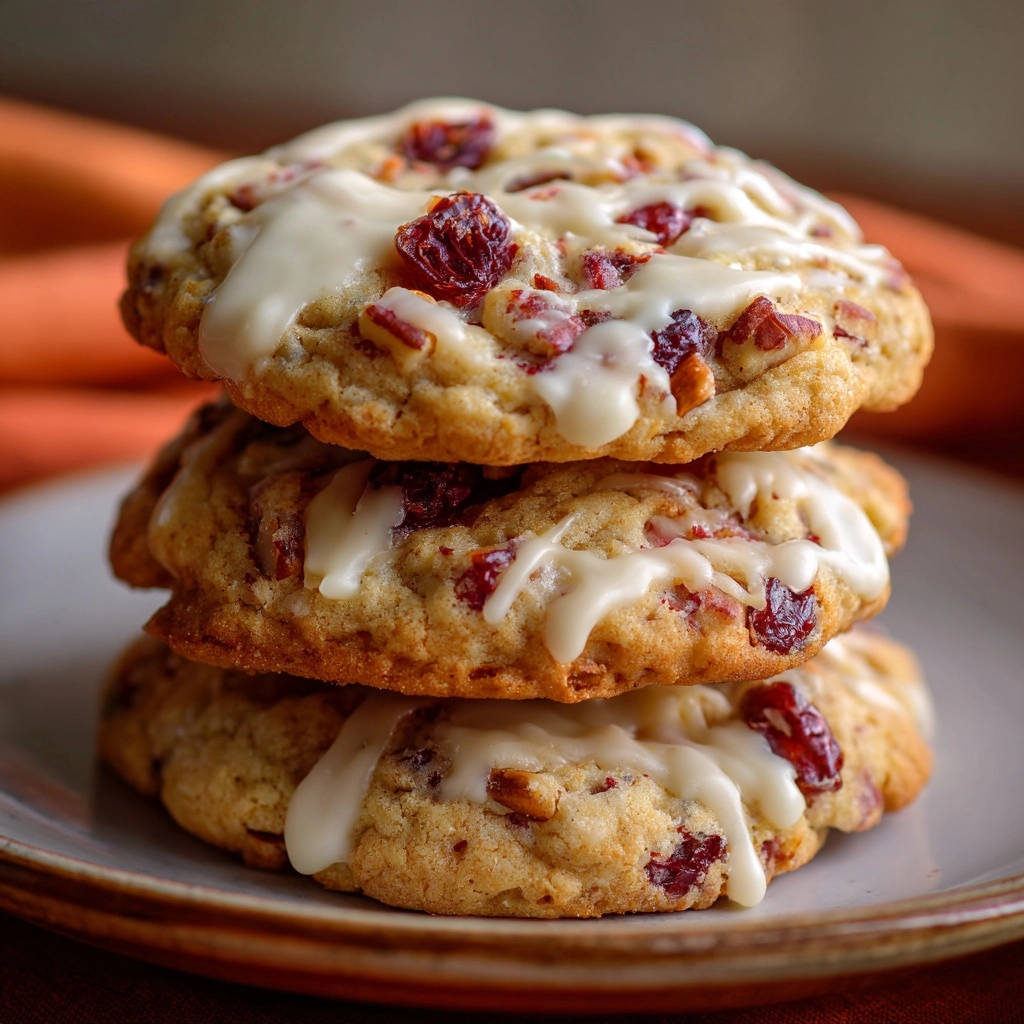 Cranberry nut cookies, a stack of three soft and chewy cookies drizzled with white icing, shown in a close-up view.