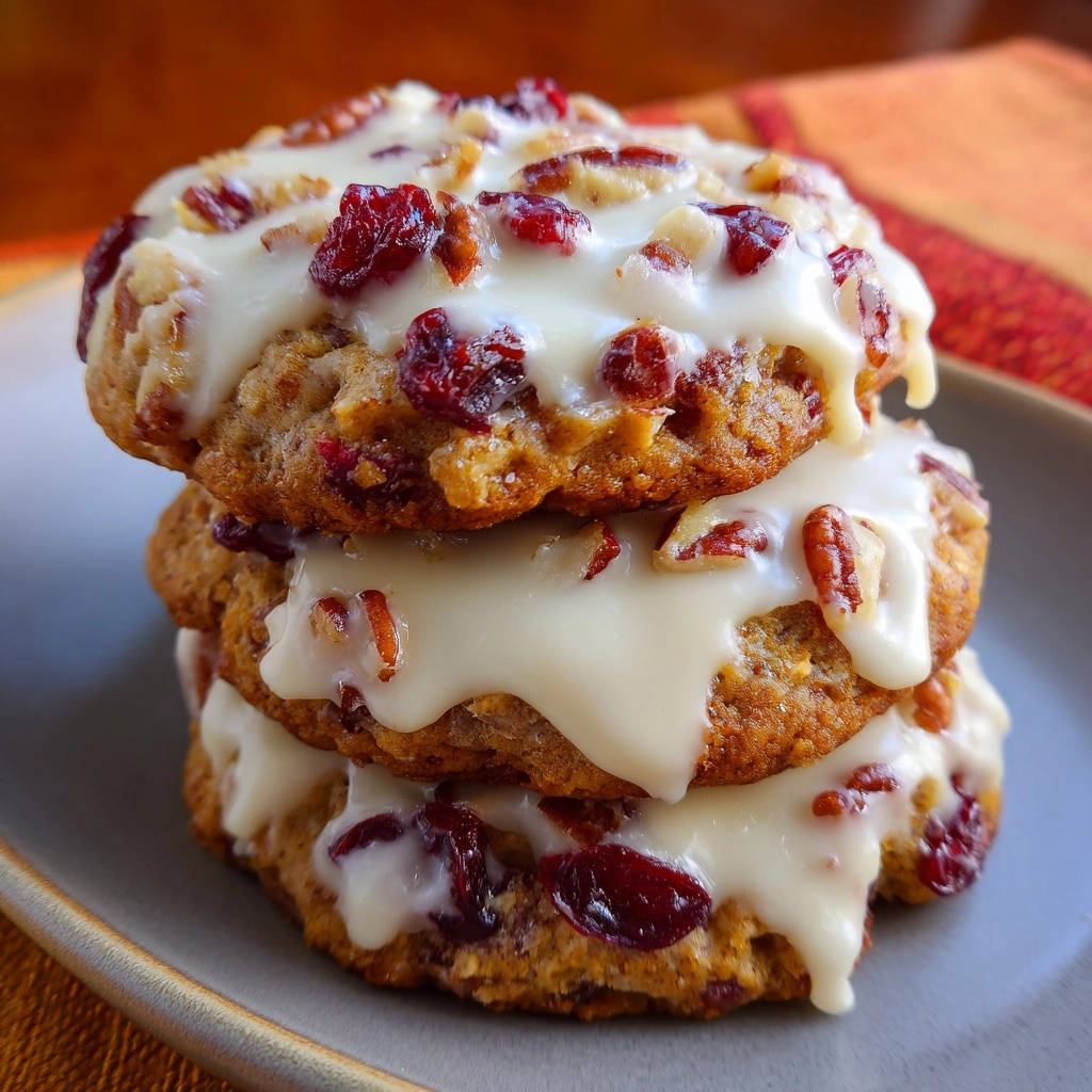 Cranberry nut cookies are stacked with a generous drizzle of white glaze, showcasing their chewy texture and festive toppings.