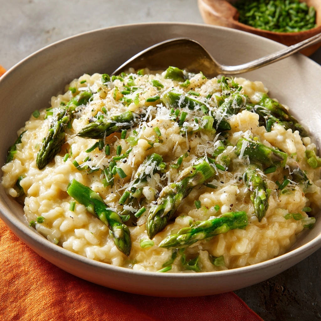 Creamy asparagus risotto garnished with fresh chives and grated Parmesan cheese in a bowl.