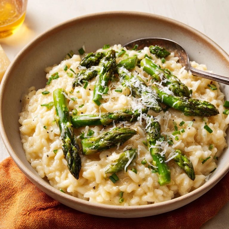 Creamy asparagus risotto close-up, generously topped with grated Parmesan cheese and fresh chives.