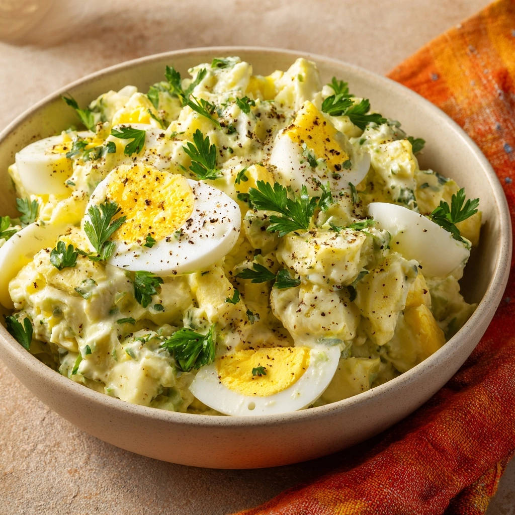 Creamy avocado potato salad topped with fresh parsley and cracked black pepper, served in a bowl.
